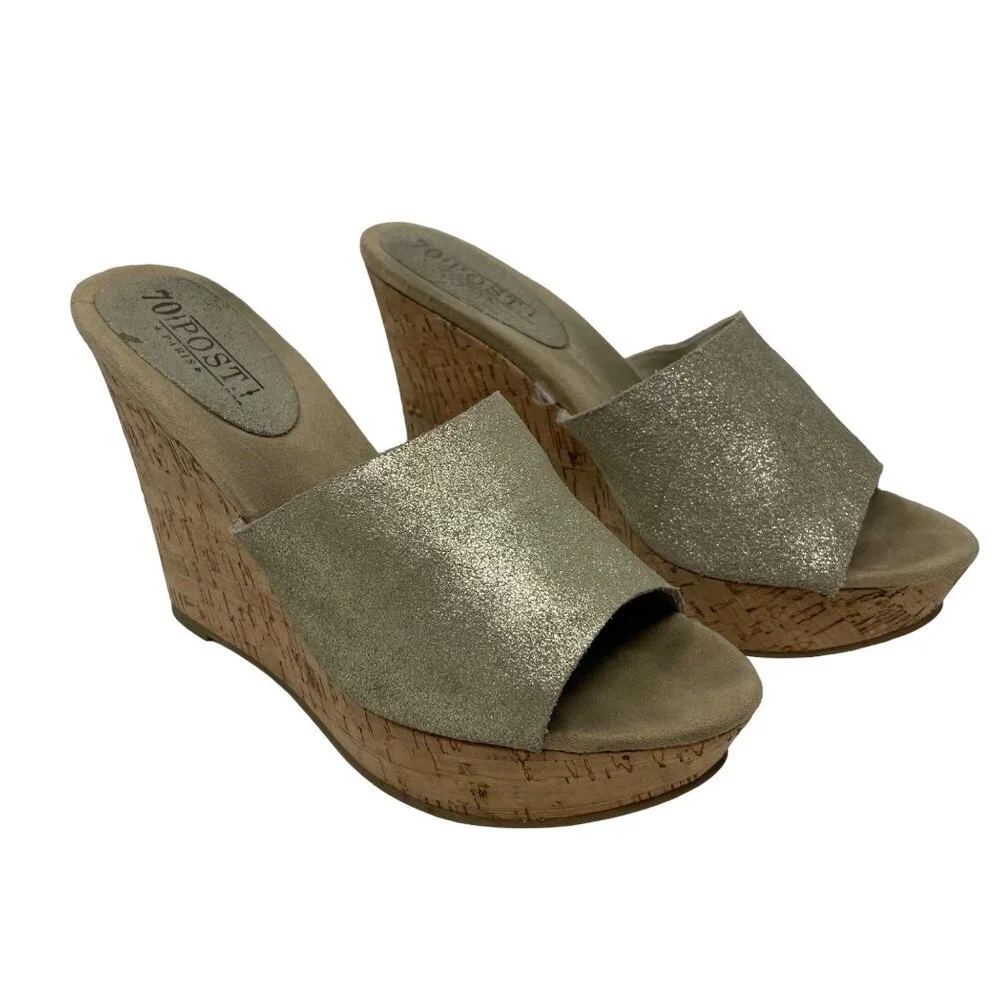 70 Post Paris Lainie Gold Leather Wedge Size 8.5 Open Toe Cork Heel